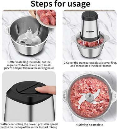 Електричний подрібнювач 600W з чашею з нержавіючої сталі 2L, 2 швидкості, 4 леза для овочів та часнику