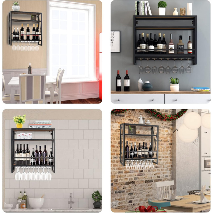 Wall-Mounted Wine Rack with Glass Holder, Wood and Metal Bottle Shelf with 3 Levels for 12 Bottles, Wine Stand with Cup Shelf, Suitable for Kitchen, Maximum Load Capacity 50 kg, 60*20*62 cm