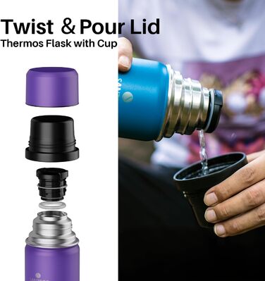 Термос-термокана з нержавіючої сталі SANTECO 1л, 500мл, 1000мл, з кришкою-чашкою, для дітей, спорту, без BPA, 24 год холод, 12 год гарячий (фіолетовий)