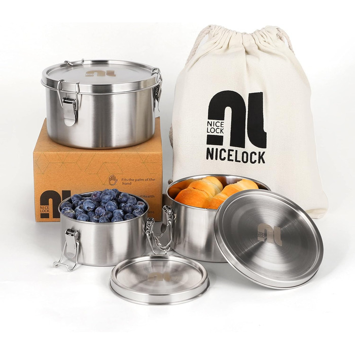 nicelock Lunch Box with Compartment (3 Pack) Adult Food Containers Kids Lunch Box Stainless Steel Suitable for Snacks, Fruit, Muesli, Soups, and Main Meals etc.