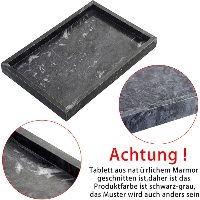 30x20cm Natural Marble Stone Storage Tray, Decorative Rectangular Plate Tray Organizer for Kitchen Bathroom Dresser Decor Vanity Counter Coffee Table, Black