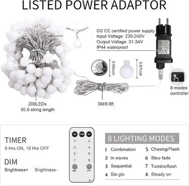 Ланцюжок прикрас з 200 LED кулями, 23 метри, тепле світло. Ідеально для декору на Різдво, весілля, вечірки. 8 режимів, функція пам'яті, з вилкою.