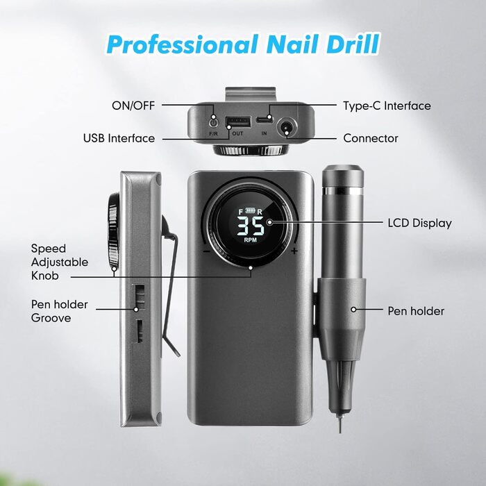 Електричний фрезер для нігтів 35000 об/хв з LED-дисплеєм та USB-зарядкою. Професійний набір для манікюру та педикюру для гелю та акрилу. DIY-інструмент для нігтів