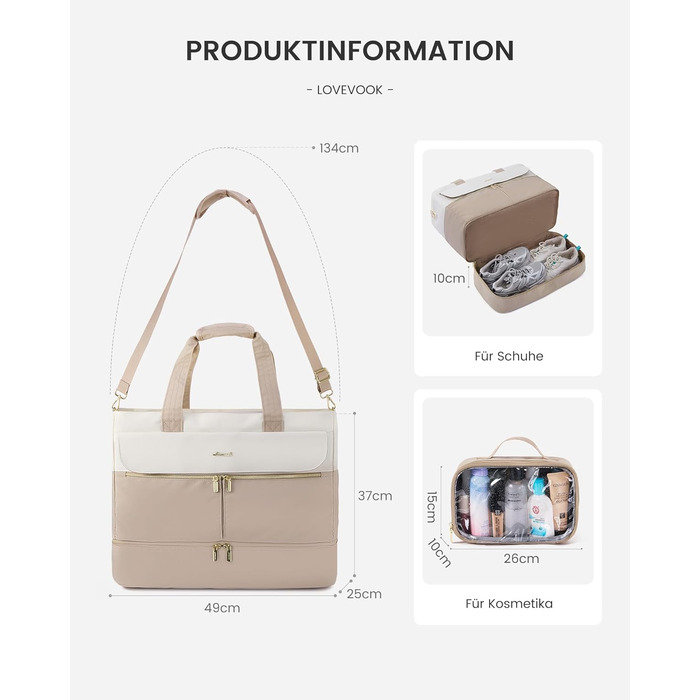 Сумка-валіза LOVEVOOK для жінок, 45L, валіза-рюкзак, сумка для подорожей, клінічна/пологова сумка, спортивна сумка з відділенням для взуття та мокрих речей, для авіаперельотів, тренажерного залу (зелений+бежевий, 45L з відділенням для взуття)