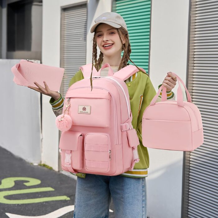 Набір рюкзаків для підлітків, дівчат та жінок: рюкзак, пенал, ланчбокс (Рожевий, L)