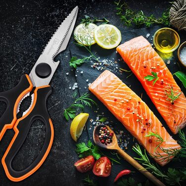 Універсальні кухонні ножиці 21 см з нержавіючої сталі, для риби, птиці, горіхів, з захистом леза, підходить для лівшів, можна мити в посудомийній машині