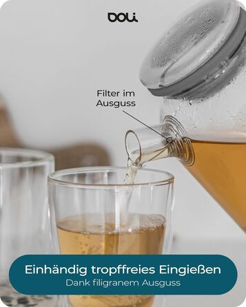 Скляний чайник Doli 1,5 л з сіткою з нержавіючої сталі, чорний — для гарячих та холодних напоїв, підходить для посудомийки, BPA-free