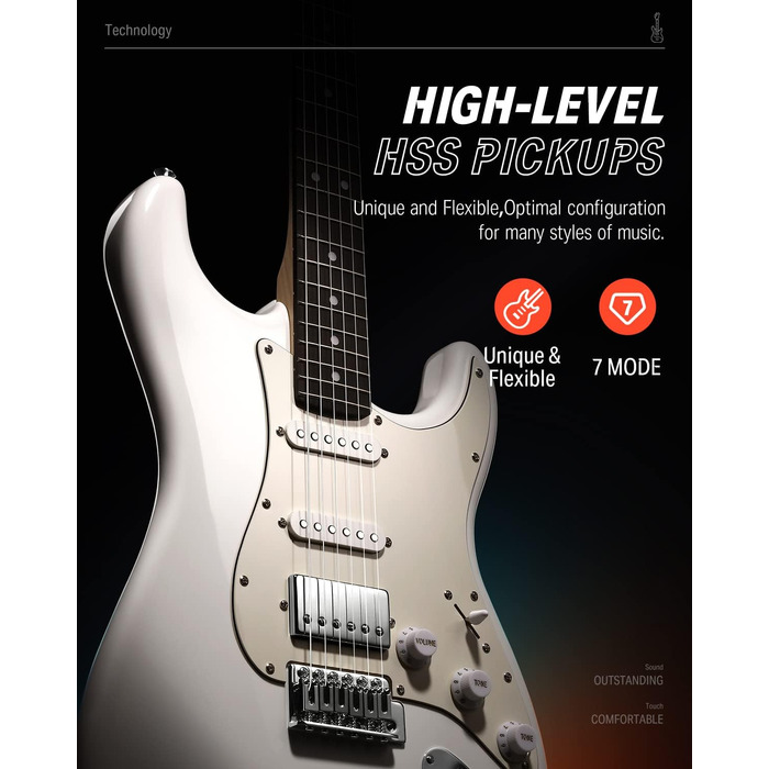 Електрогітара Donner 39 дюймів з кленовим гриф, комплект з підсилювачем, чохлом, каподастром, ременем, струнами, тюнером, кабелем та медіатором (білий)