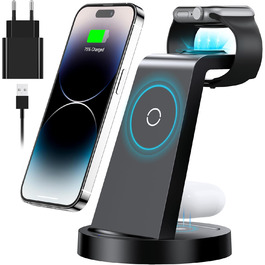 Зарядна станція 3 в 1 для iPhone з бездротовою зарядкою, 18W, сумісна з Apple iPhone 16, 15, 14, 13, 12, 11, X, Pro, Max, Apple Watch та AirPods, чорна