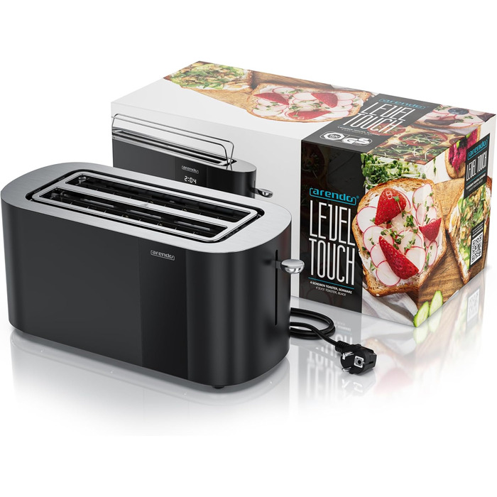 Тостер Arendo з нержавіючої сталі, 4-х секційний, з широкими слотами, сенсорний дисплей, подвійні стінки, 1500 Вт, з підставою для булочок, 6 рівнів підсмажування, центрування хліба, таймер, пам'ять (колір: чорний)