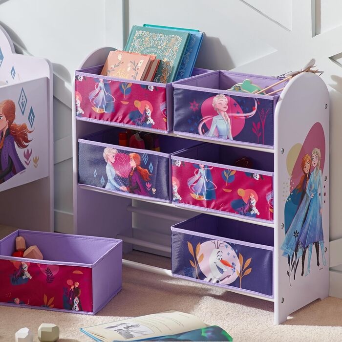 Дитяча органайзер для іграшок Disney Frozen, 6 ящиків, фіолетова, з дерева, тканини та металу, легка збірка та догляд