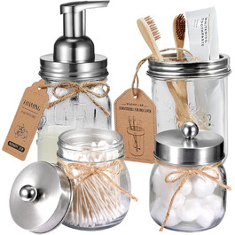 Mason Jar Bathroom Accessories Set, 4 Piece, Foaming Soap Dispenser & 2 Qtip Holders & Toothbrush Holder, Rustic Farmhouse Decor, Apothecary Glass, Countryside Countertop (Black) (Luxurious, Rustic, Brushed Nickel)