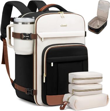 LOVEVOOK Рюкзак для ручної поклажі, 40L, для жінок з відділенням для 17-дюймового ноутбука, водонепроникний, для подорожей, роботи, бізнесу, Weekender, хакі (чорний-бежевий-коричневий)