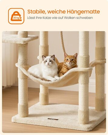 Дряпка для котів Feandrea, 112 см, багатоповерхова, з 11 стовпчиками, 2 платформами, будиночком та гамаком, 2 іграшками, PCT215W01