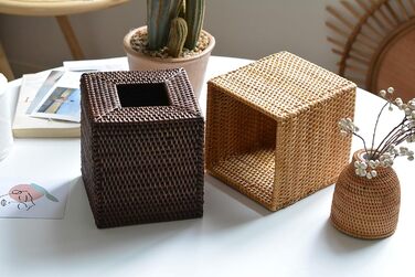Rattan Cosmetic Tissue Box, Decorative Woven Tissue Holder, Napkin Dispenser for Bathroom/Kitchen/Office, 14.5 x 14.5 x 14.5 cm