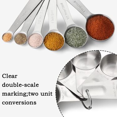 Measuring Cup and Spoon Set Stainless Steel Measuring Cup & Spoon Set includes 7 stainless steel metal measuring cups, 6 measuring spoons, and 5 mini measuring spoons for dry and liquid ingredients.