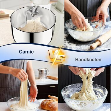 Кухонна машина Camic з 3 насадками (гак, міксер, вінчик), планетарний міксер з LED-дисплеєм, 10 швидкостей, 2 чашами з нержавіючої сталі 4Л та 5Л, для тіста, хліба, піци та тортів (Білий)