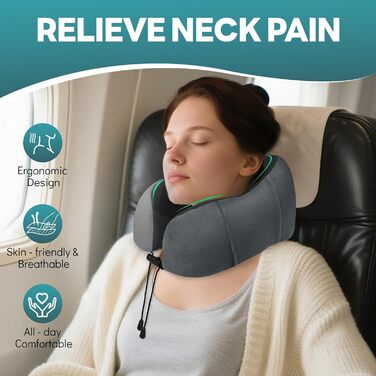 Подушка для шиї у літак - подушка для подорожей Memory Foam, ергономічна форма - подушка для шиї з маскою для сну, навушниками, сумкою - ідеально для літака, подорожей, офісу, дому (Сірий)