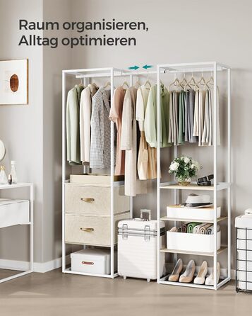 SONGMICS Clothes Rack, Open Wardrobe, High-Load-Capacity Coat Rack, 1 Extendable Rod, 2 Drawers, 4 Shelves, for Bedroom, Space-Saving, Natural Beige RGR003W67
