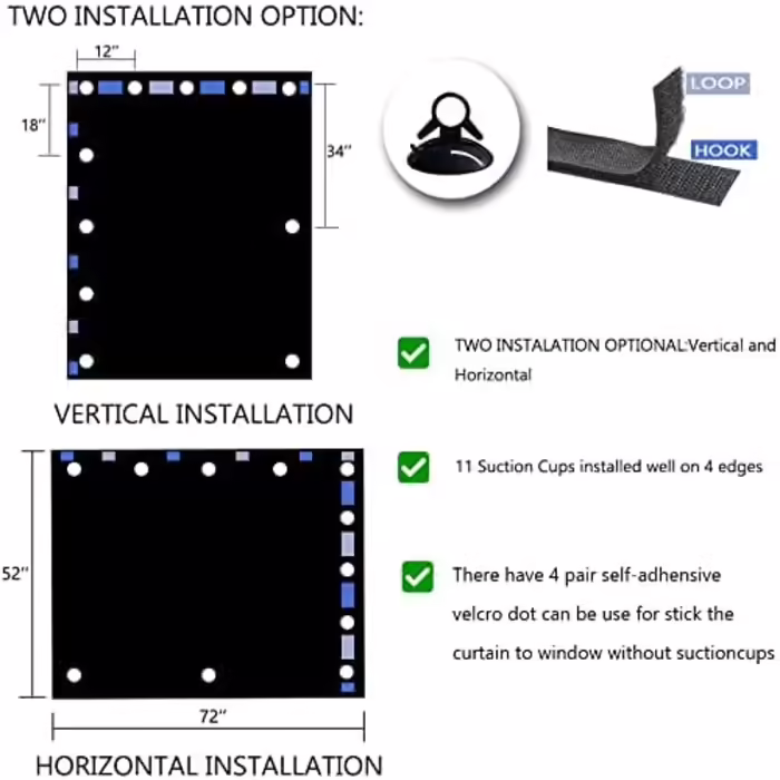 Curtains with suction cups, for home or travel, black