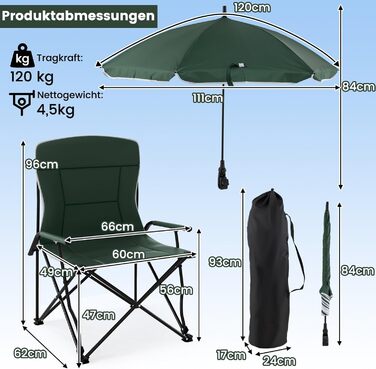 Складний туристичний стілець COSTWAY з сонцезахисним щитом, XXL, до 150 кг, з сумкою для перенесення, для кемпінгу та риболовлі