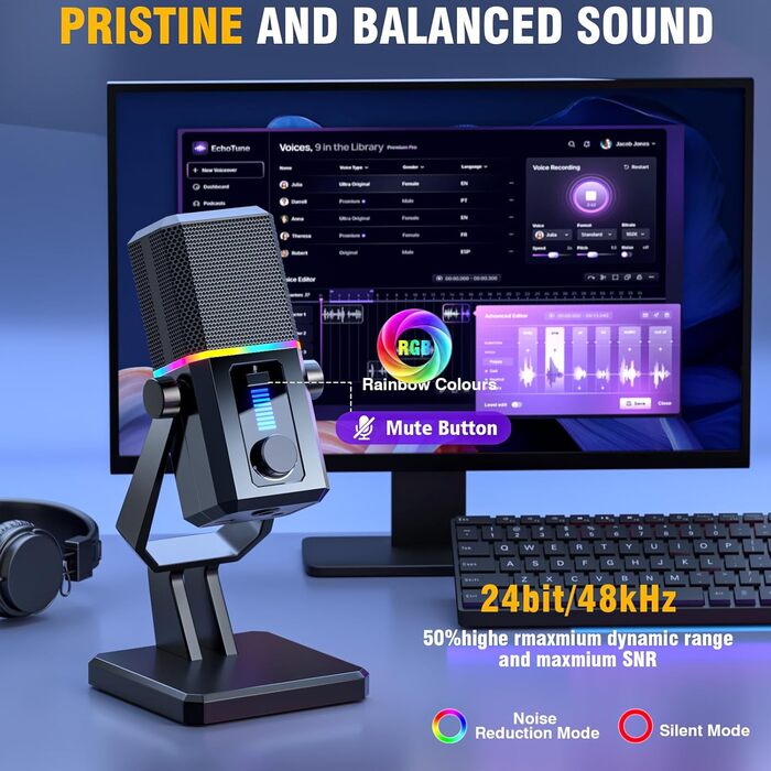 Мікрофон Facmogu HK2 для геймінгу та стрімінгу з RGB-підсвічуванням, USB, динамічний, для ПК, комп'ютера, Twitch, подкастів