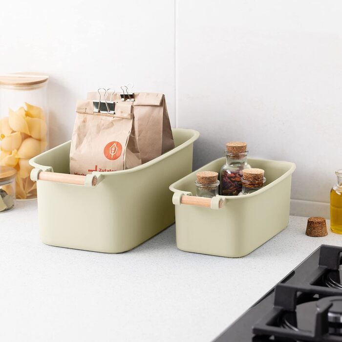 Navaris 4x Storage Box Storage Crate with Wooden Handle - Plastic Box Organizer for Storage - Container Box for Bathroom Kitchen