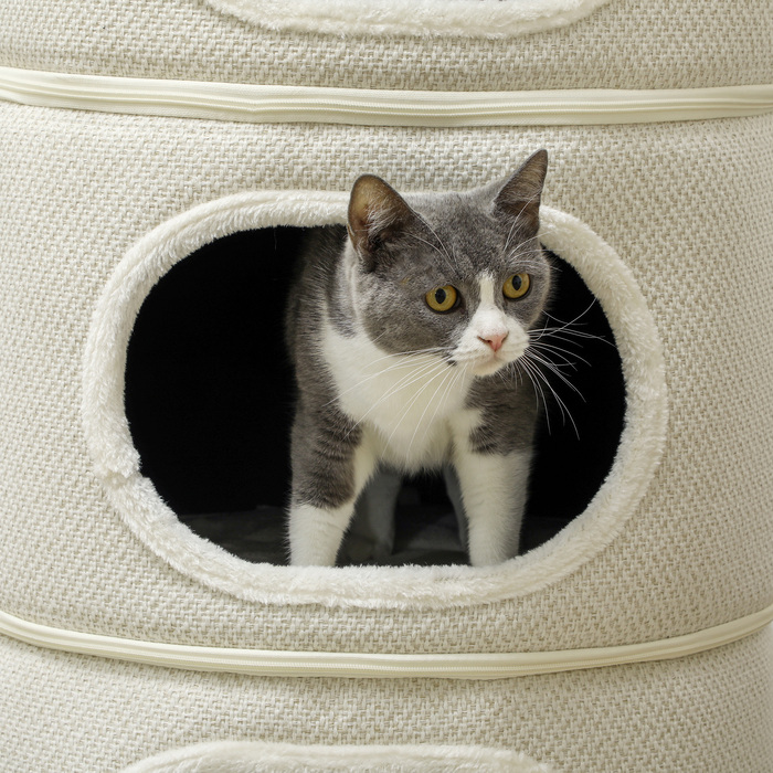 PawHut Дряпка для котів, 100 см у висоту, котячий будиночок з 3 печерами, дряпка з іграшковими кульками, котяча вежа з сизалю, для котів до 6 кг, Бежевий+Кремовий | Aosom