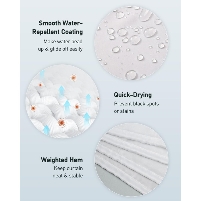 Шторка для душу Uniclife, біла, 180x180 см, тканинна, водонепроникна, з 12 гачками, з обтяженим краєм, для ванни