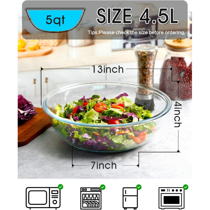 NUTRIUPS 4.5L Salad Bowl, 33cm Glass Bowl, Large Mixing Bowl Glass, Glass Bowl