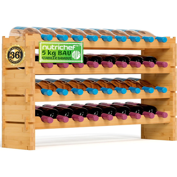 NutriChef Stackable Bottle Rack, Wood Wine Rack – Wine Rack – Stackable Modular Wine Rack for 36 Bottles, Slim Wine Rack with 85 x 25 x 81cm, suitable as a wine rack for cellars & bottle rack for kitchens