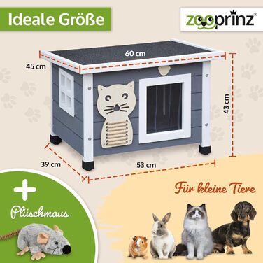 Преміум котячий будиночок Zooprinz з дерева – котяча кістка з дахом, що відкривається, вікном та створками – сизаль на котячому боксі – стійкий до погодних умов для саду/балкону – внутрішній та зовнішній притулок (сірий-білий, стандарт)