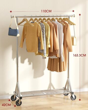 Стійка для одягу на колесах – міцна вішалка для одягу з металевої сітки, багатофункціональна стійка для гардеробу в спальню, пральню, магазин, 110 x 42 x 163.3 см, срібна