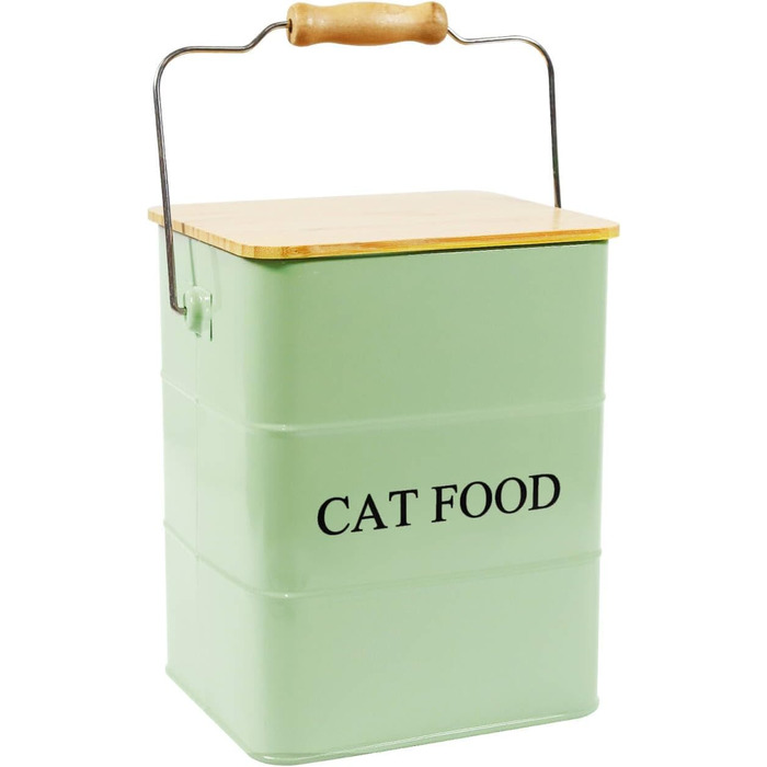 Металева коробка для котячого корму Geyecete з дерев'яним кришкою, 6L, зелена
