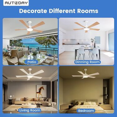 Стеляний вентилятор Holz з підсвічуванням, регулюванням яскравості LED 24W, тихий DC-двигун 38W, діаметр 132 см, з пультом дистанційного керування, таймером, 6 швидкостей (білий та світле дерево)