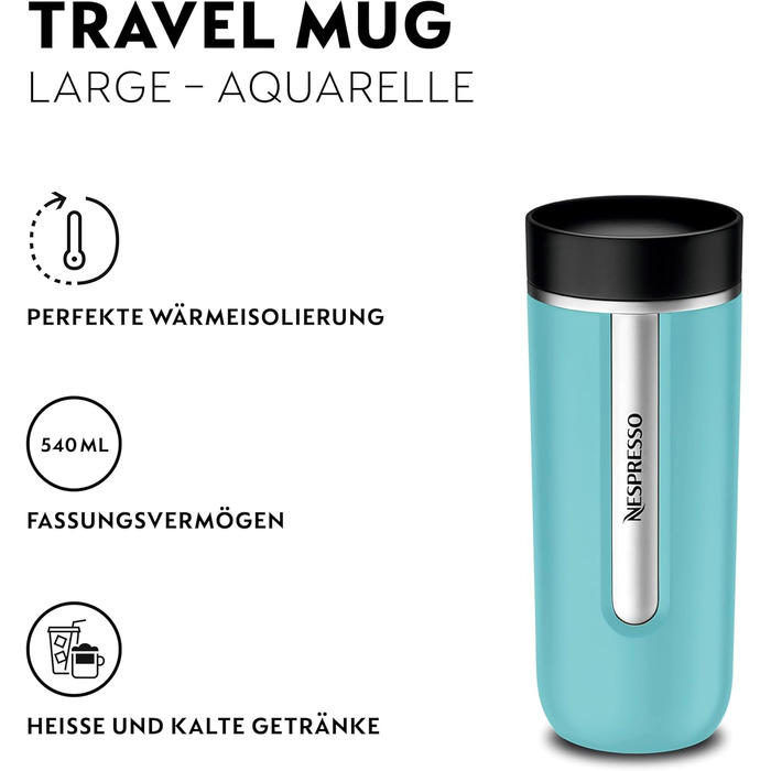 Термокружка Nespresso Travel Mug Small Sage Green 300 мл, Sage Green (Aquamarin Blue), з кришкою, не протікає, для кави, чаю, матча, з нержавіючої сталі