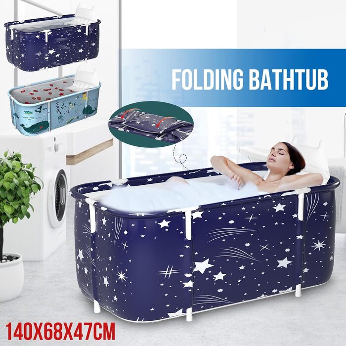 Foldable Bathtub for Adults, 132 x 68 x 47 cm, Steam Bucket for Sauna, Shower, and Ice Bath, Portable, Non-Inflatable (Blue)