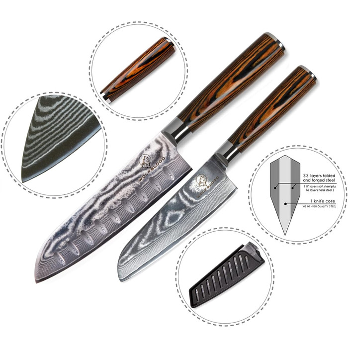 Набір ножів кухонних Wolfblood Santoku Дамаск (30 см та 24 см) - 67 шарів, сталь 62 HRC, дерев'яна ручка, подарункова коробка