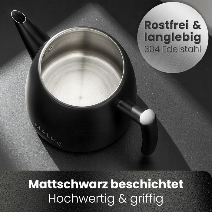 Чайник MALMØ з ситечком - термочайник з подвійними стінками, з нержавіючої сталі 304 - чайник з ситом, 100% без протікань, чорний