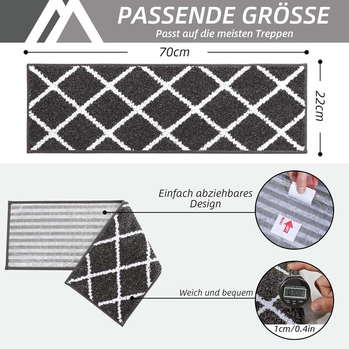 Комплект килимків для сходів COSY HOMEER (15 шт.), 70 x 22 см, антиковзаючі, самоклеючі, машинне прання, 100% поліестер, TPE-підкладка, для дітей, літніх людей та домашніх тварин, чорно-білі