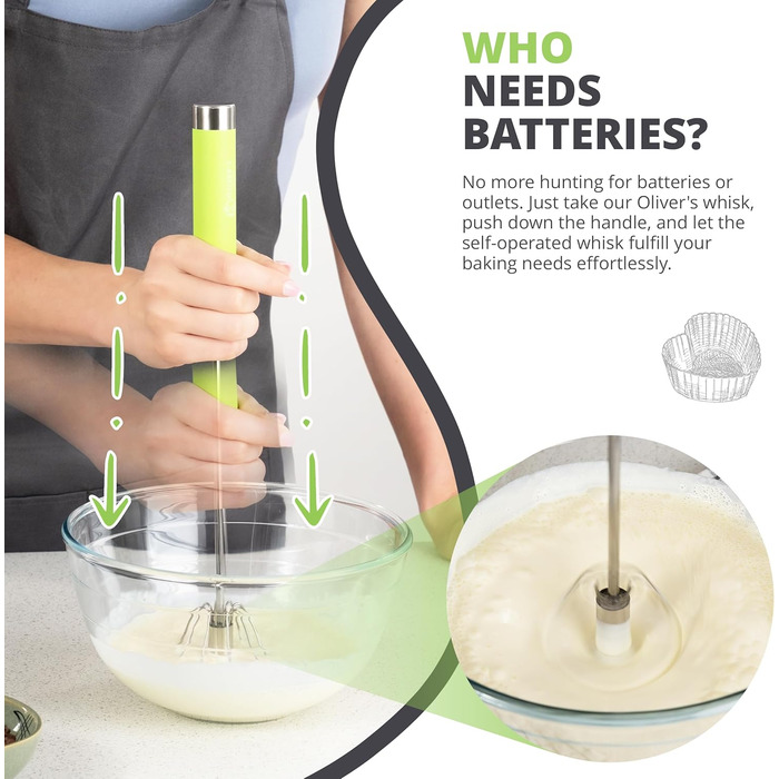 Ручний міксер Oliver's Kitchen® Hand-Quirl - Автоматичний вінчик для яєць, масла, вершків, кави, коктейлів | Без батарейок, компактний, зелений