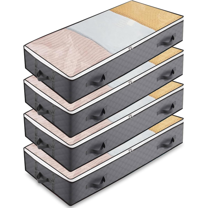 Коробки для зберігання під ліжко з кришкою, 90L, 4 шт., сірі. Органайзери для постільних речей, ковдр, подушок