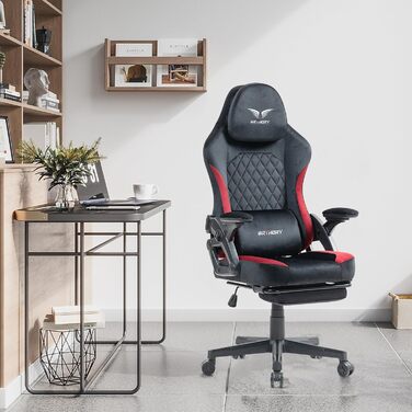 Геймерське крісло Racing Ergonomic з регульованою подушкою для голови та підставкою для ніг, тканинна оббивка, чорно-червоне