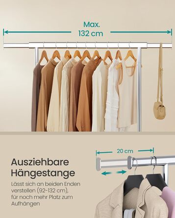 SONGMICS Clothes Rack on Wheels, Heavy-Duty Garment Rack, Extendable Clothes Rod, Load Capacity up to 100 kg, Easy Assembly, Portable, Silver HSR13S