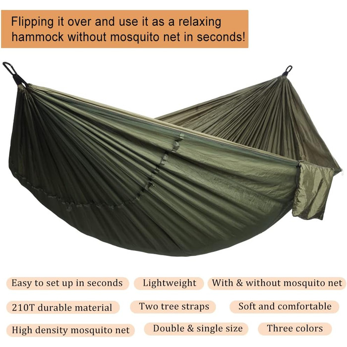 Гамак для кемпінгу з москітною сіткою, подвійний/одинарний, з ременями та карабінами, для відпочинку, подорожей та хайкінгу, блакитний/темно-синій (армійний/зелений), 300 x 200 см
