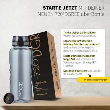 Пляшка для води 720°DGREE 'uberBottle' з ситечком 350мл-2л, BPA-Free, для спорту, школи, дітей, фітнесу, велосипеда, прогулянок. Спортивна пляшка Tritan 1500мл, сірий