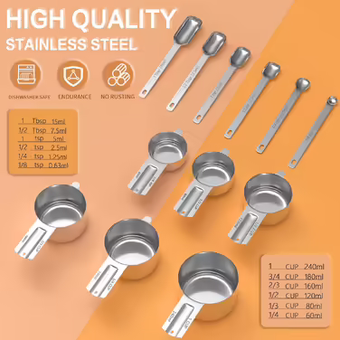 Stainless Steel Measuring Cup and Spoon Set for Cooking and Baking, Nesting Measuring Cups, Measuring Spoons, Kitchen Utensils, 12 Piece