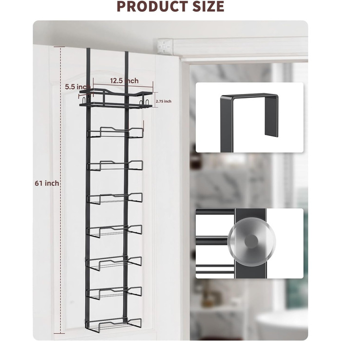 Настінний тримач для рушників у ванну кімнату, без свердління, 6-ярусна полиця для рушників над дверима, багаторівневий органайзер для рушників на двері, для складання (Чорний, 8 ярусів)