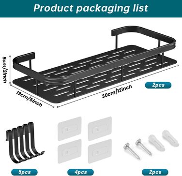 Полиця для душу без свердління, органайзер для ванної кімнати, 2 шт. корзини та полиці для душу, полиця для ванної кімнати з нержавіючої сталі, аксесуари для ванної кімнати, тримач для шампуню для душу з 4 клейкими поверхнями, чорний (алюміній)