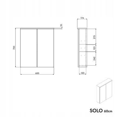Шафа під дзеркало у ванну кімнату SOLO з LED-підсвіткою, 60 см, антрацит матовий